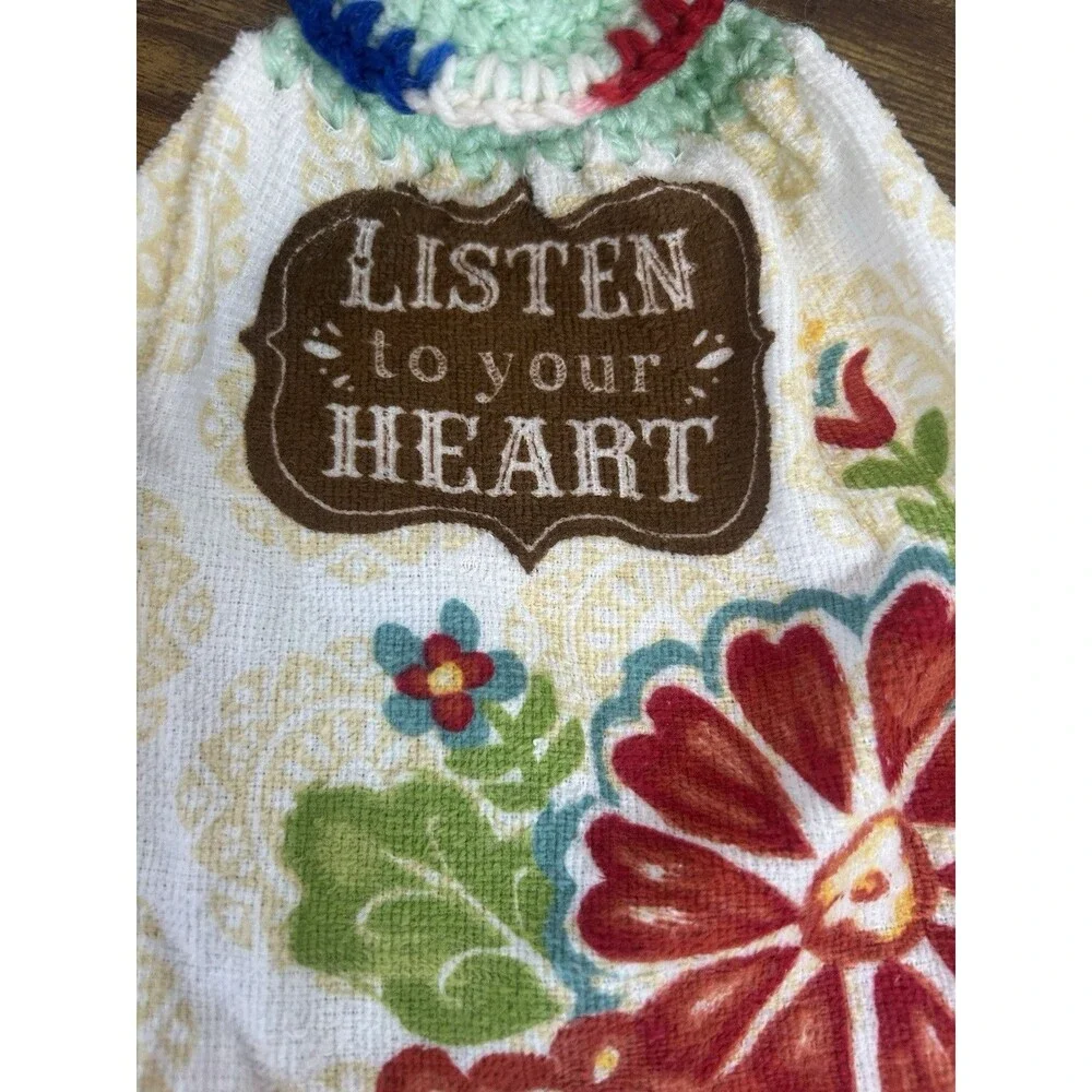 Set (2) Listen To Your Heart Floral Hanging Kitchen Towels Crochet Top Boho Home